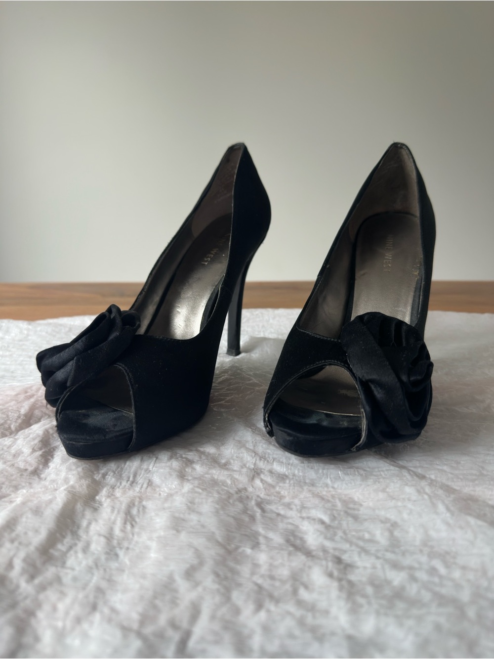 Nine West Black Peep-Toe Stiletto Pumps with Rosette Accent